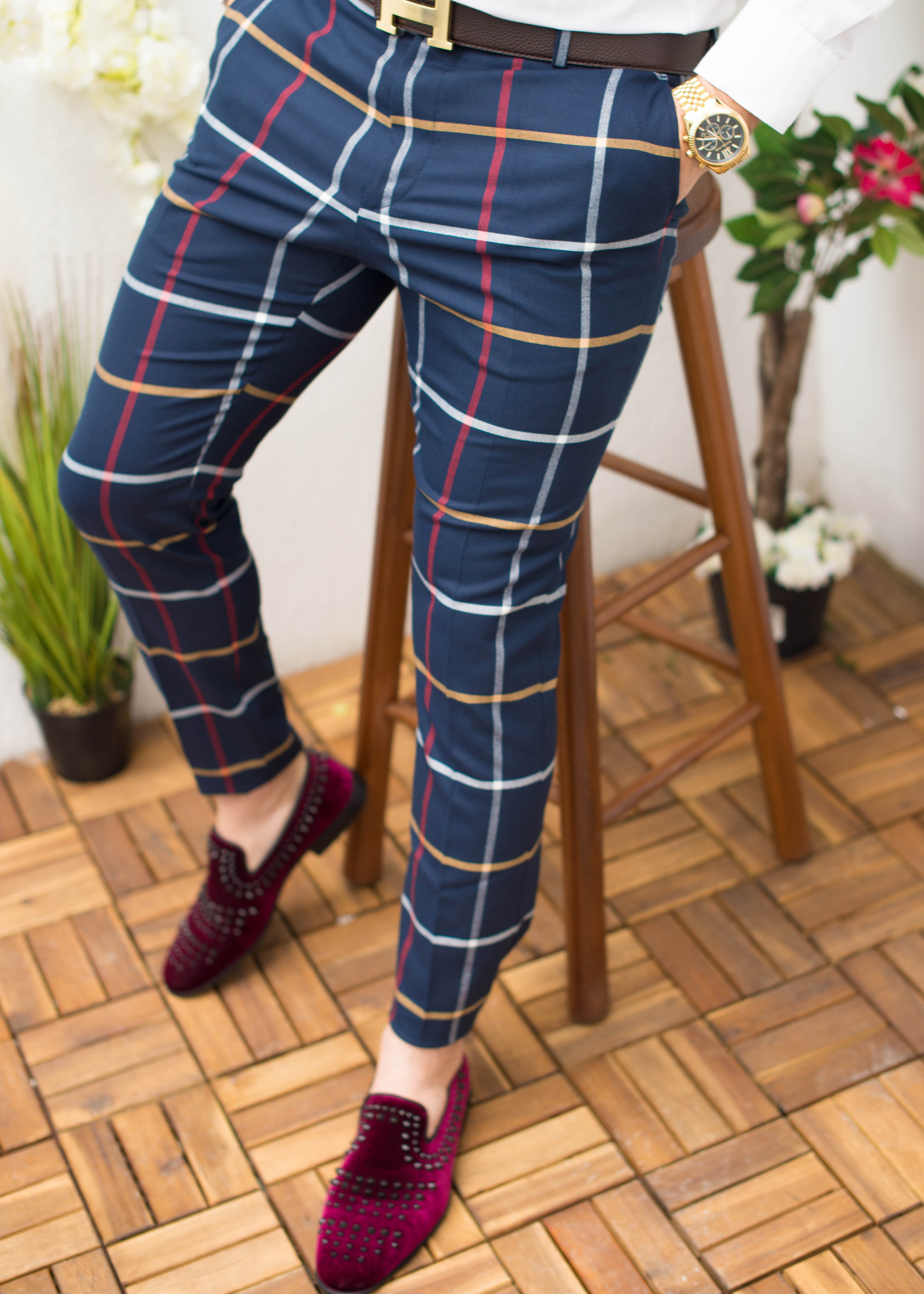 Pantaloni de bărbați, Slim Fit, Bleumarin in carouri multi-colore - PN257