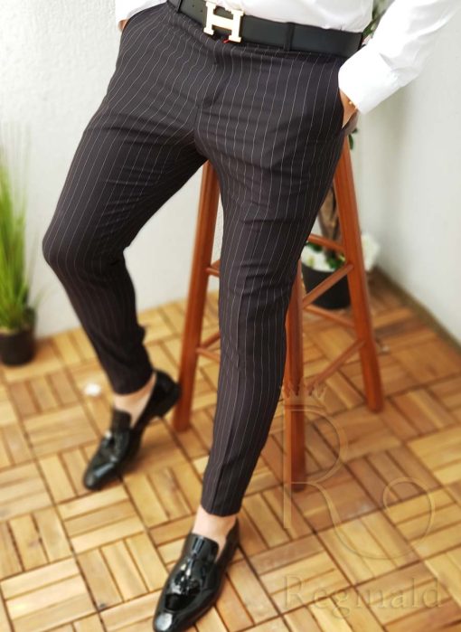 Pantaloni de barbati, Slim Fit, negri in dungi, conici - PN262