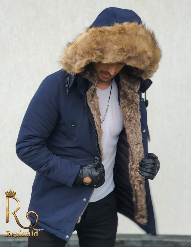 Mens navy coat with fur outlet hood