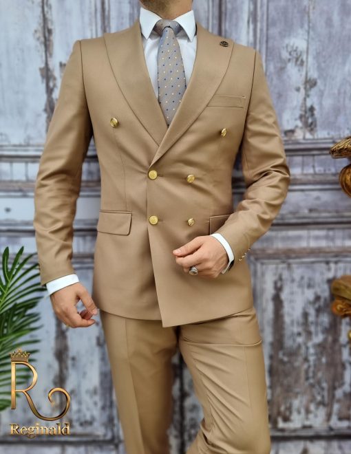 Costum barbati butoni aurii, Double Breasted suit, Slim Fit, bej, Sacou-Pantalon - C1722 - imagine 4