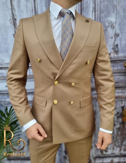 Costum barbati butoni aurii, Double Breasted suit, Slim Fit, bej, Sacou-Pantalon - C1722 - imagine 2