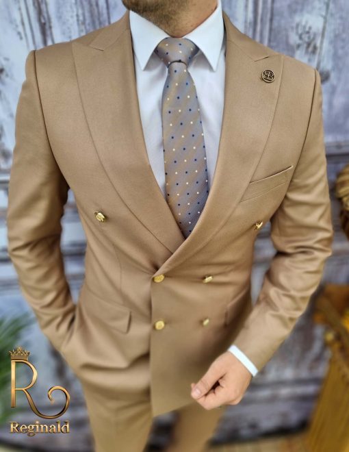 Costum barbati butoni aurii, Double Breasted suit, Slim Fit, bej, Sacou-Pantalon - C1722