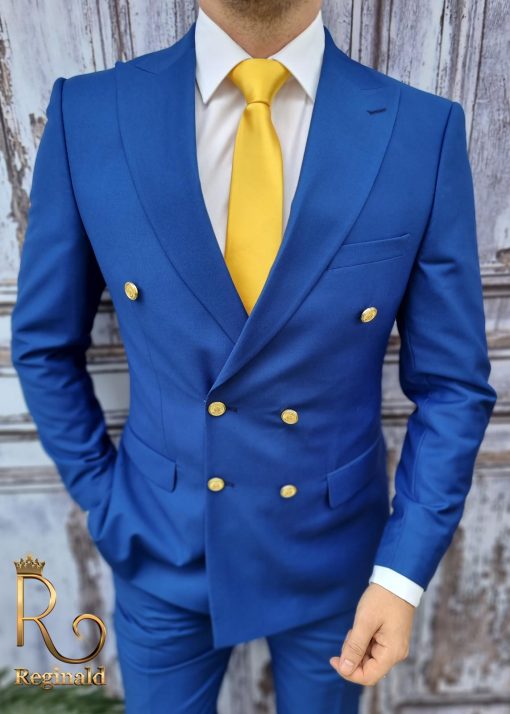 Costum barbati butoni aurii, Double Breasted suit, Slim Fit, albastru, Sacou-Pantalon - C1723