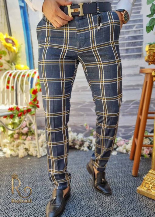 Pantaloni de barbati bleumarin in carouri, croiala slim-fit, elastici si conici  - PN517 - imagine 2