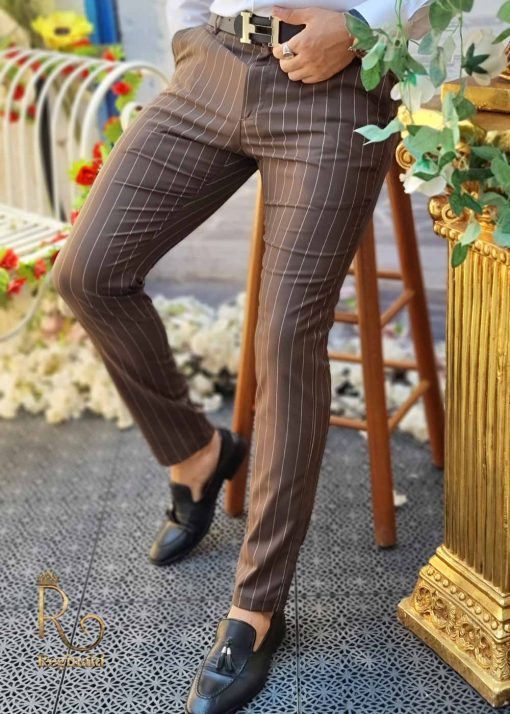 Pantaloni de barbati maro in dungi, croiala slim-fit, conici si elastici - PN534 - imagine 2