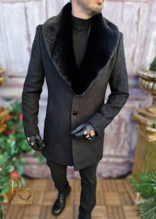 Manteau homme, long, avec fourrure au col, coupe cintrée - PT399