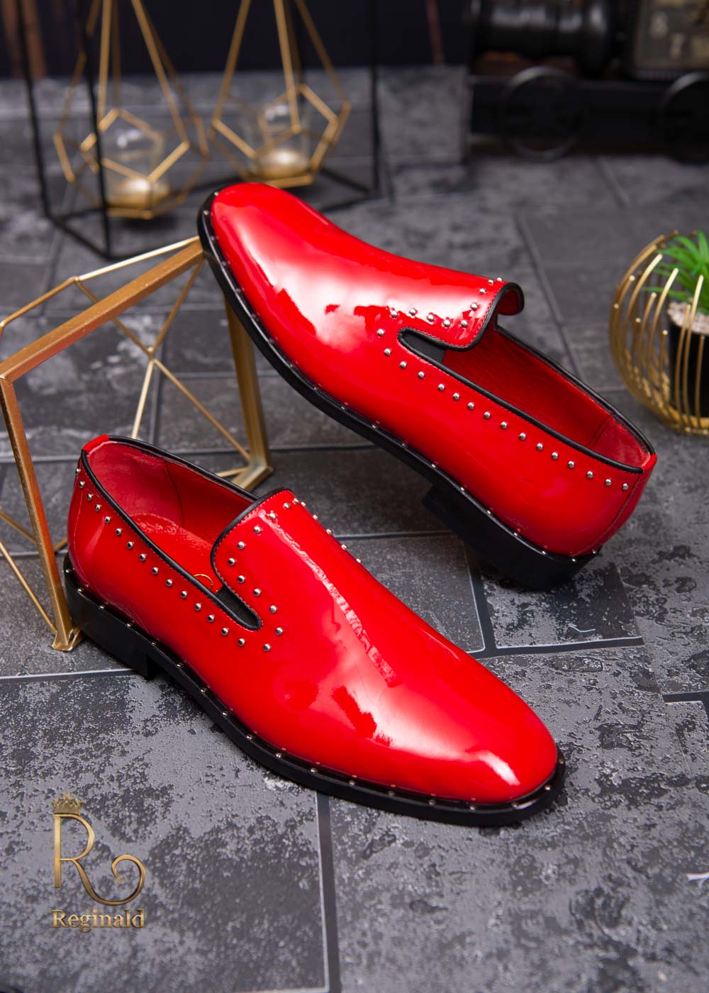 Pantofi Loafers de barbati rosii, piele naturala cu tinte argintii - P1483