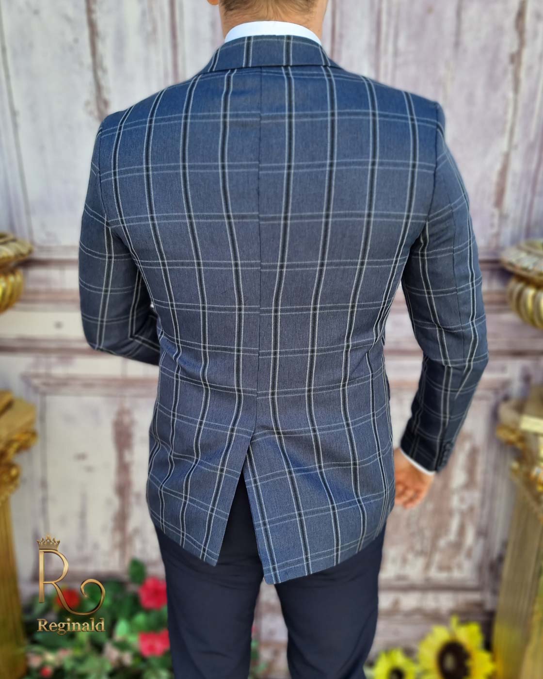 Sacou de bărbați gri-albastrui in carouri, croiala Slim-Fit - SC614