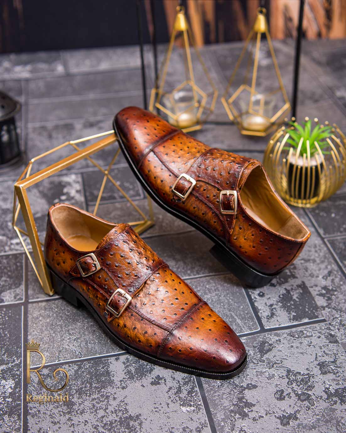 Pantofi Loafers de bărbați din piele naturala, Maro cu model - P1594