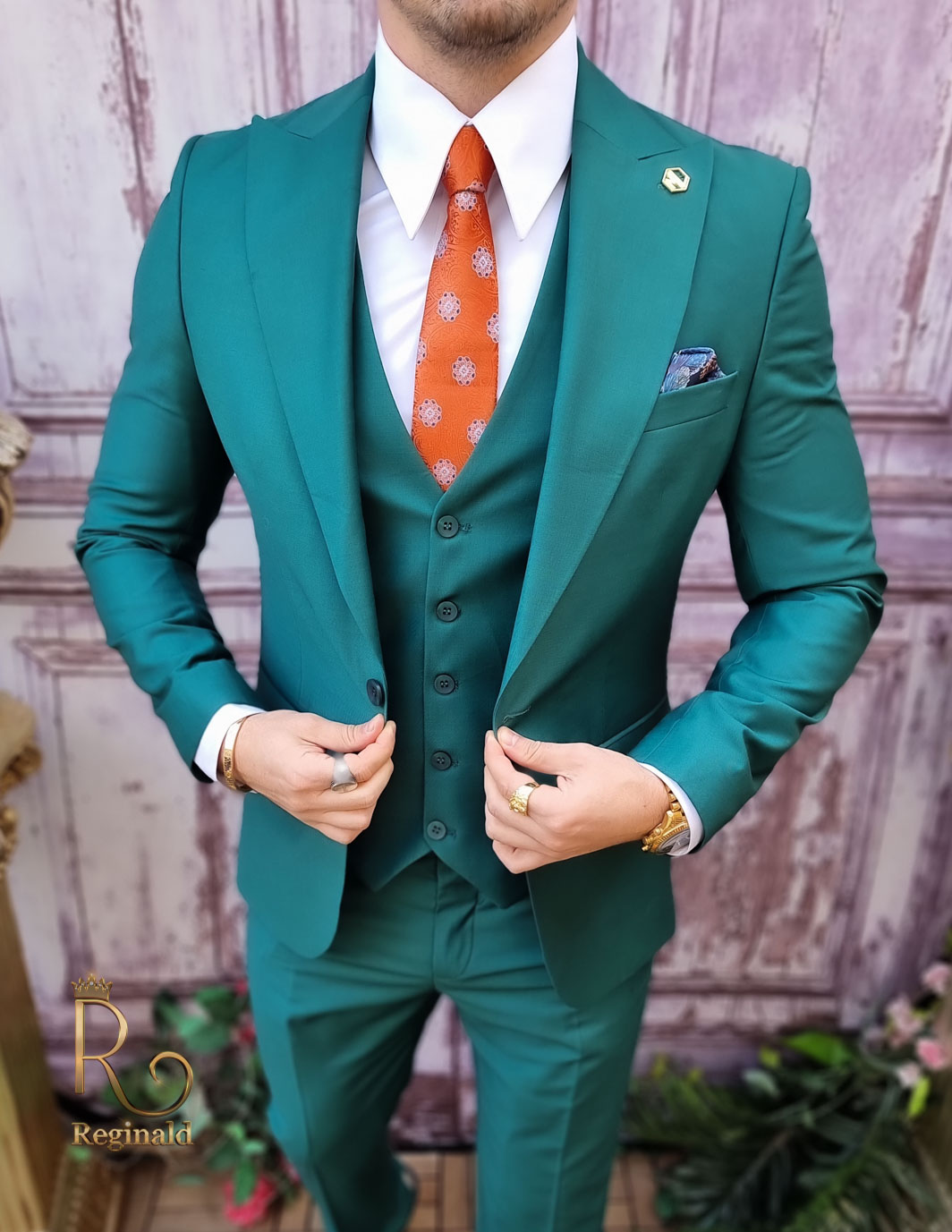 Costum elegant de barbati, Verde, Sacou, Vesta si Pantalon - C4011