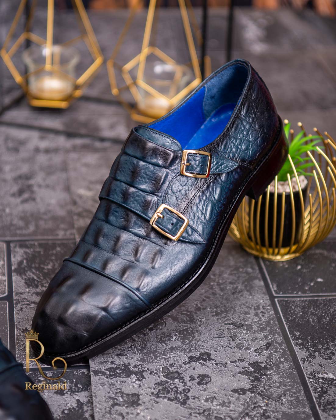 Pantofi de barbati, piele naturala, bleumarin, croc texture - P1785