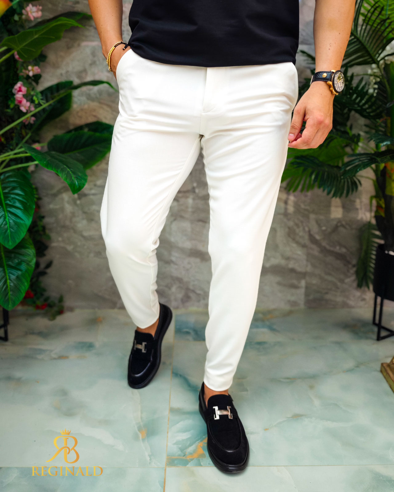 Pantaloni eleganti, alb, Slim-Fit, croiala conica– PN809