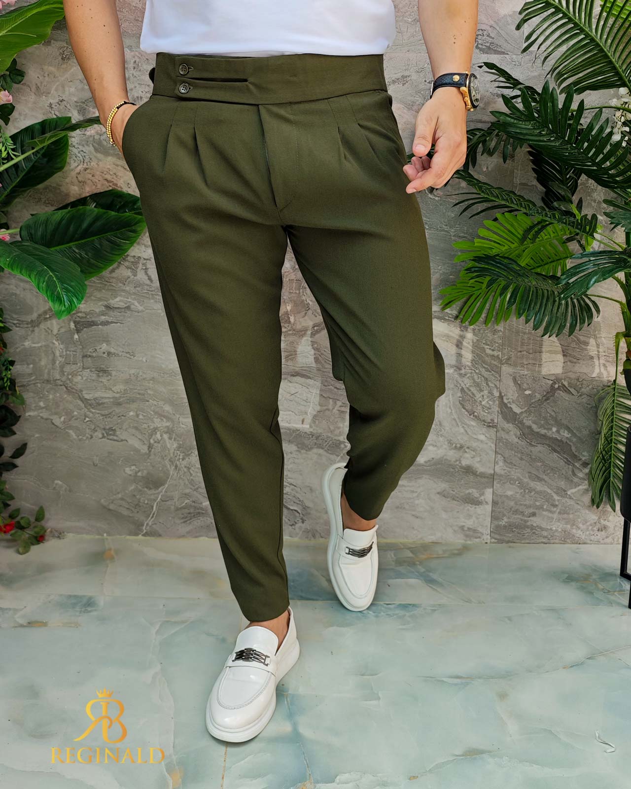 Pantaloni eleganti verde, cu pense, Slim-Fit, croiala conica– PN806