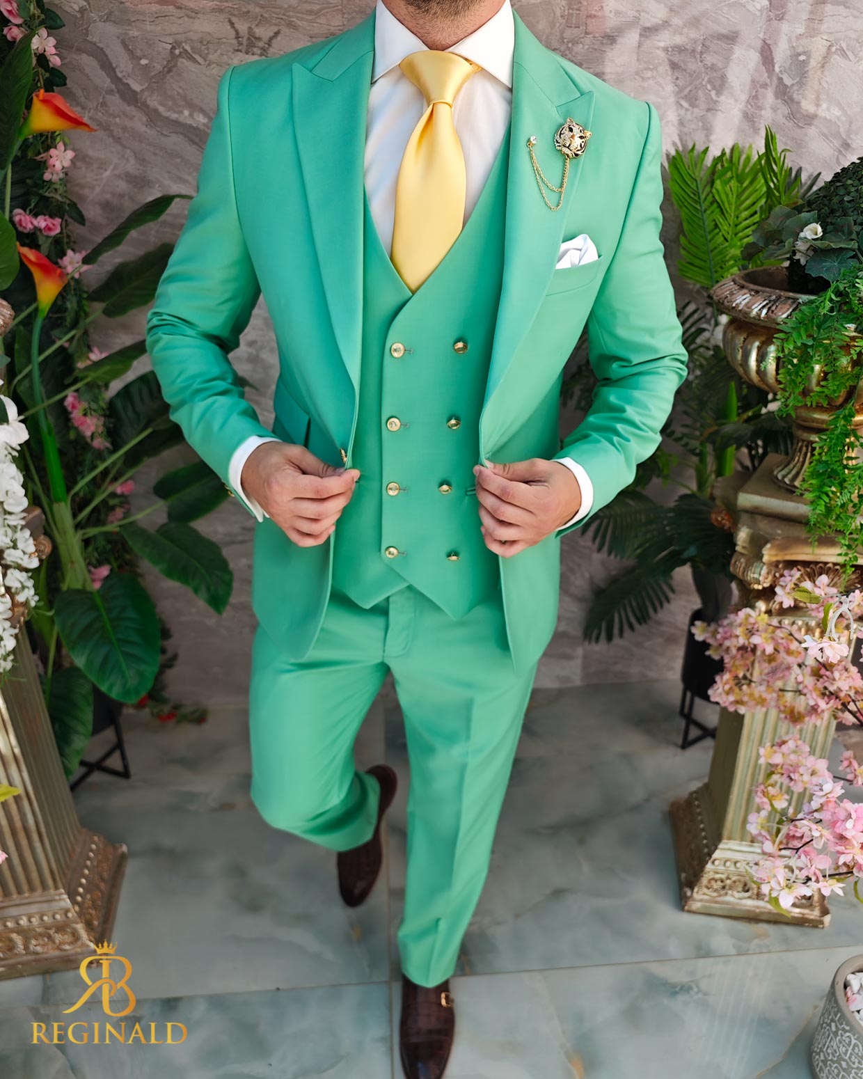 Costum de bărbați, verde deschis , Sacou, Vesta si Pantalon - C4855