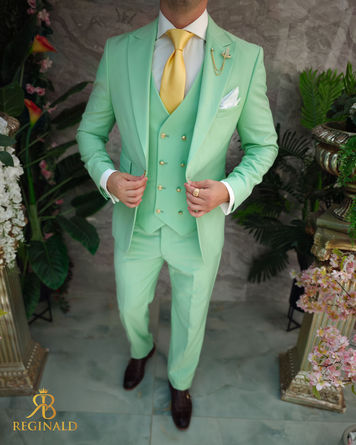 Costum de bărbați, verde deschis, Sacou, Vesta si Pantalon - C4859