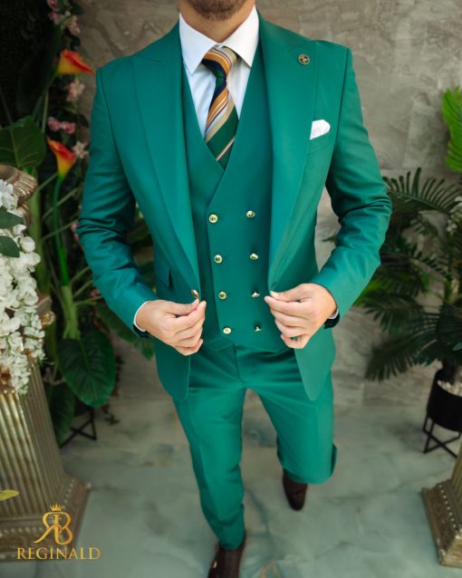 Costum verde cu butoni aurii: Sacou, Vesta si Pantalon - C3414 - imagine 5