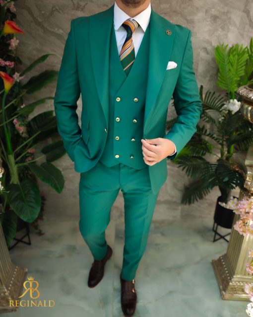 Costum verde cu butoni aurii: Sacou, Vesta si Pantalon - C3414 - imagine 6