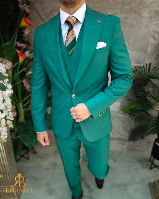 Costum verde cu butoni aurii: Sacou, Vesta si Pantalon - C3414 - imagine 2
