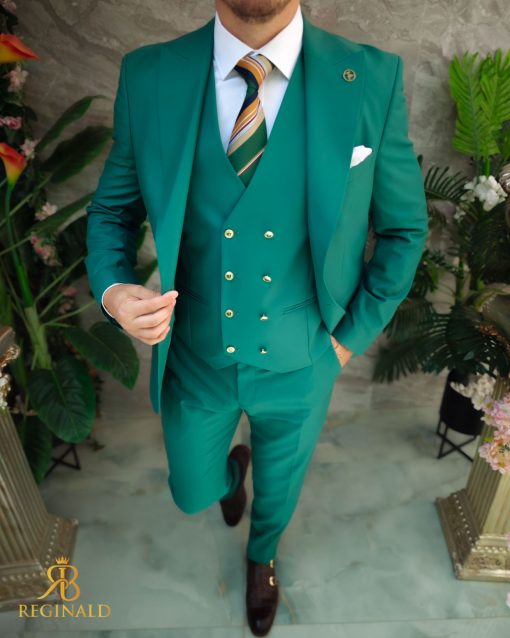 Costum verde cu butoni aurii: Sacou, Vesta si Pantalon - C3414 - imagine 4