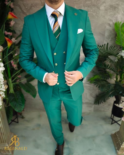 Costum verde cu butoni aurii: Sacou, Vesta si Pantalon - C3414 - imagine 3