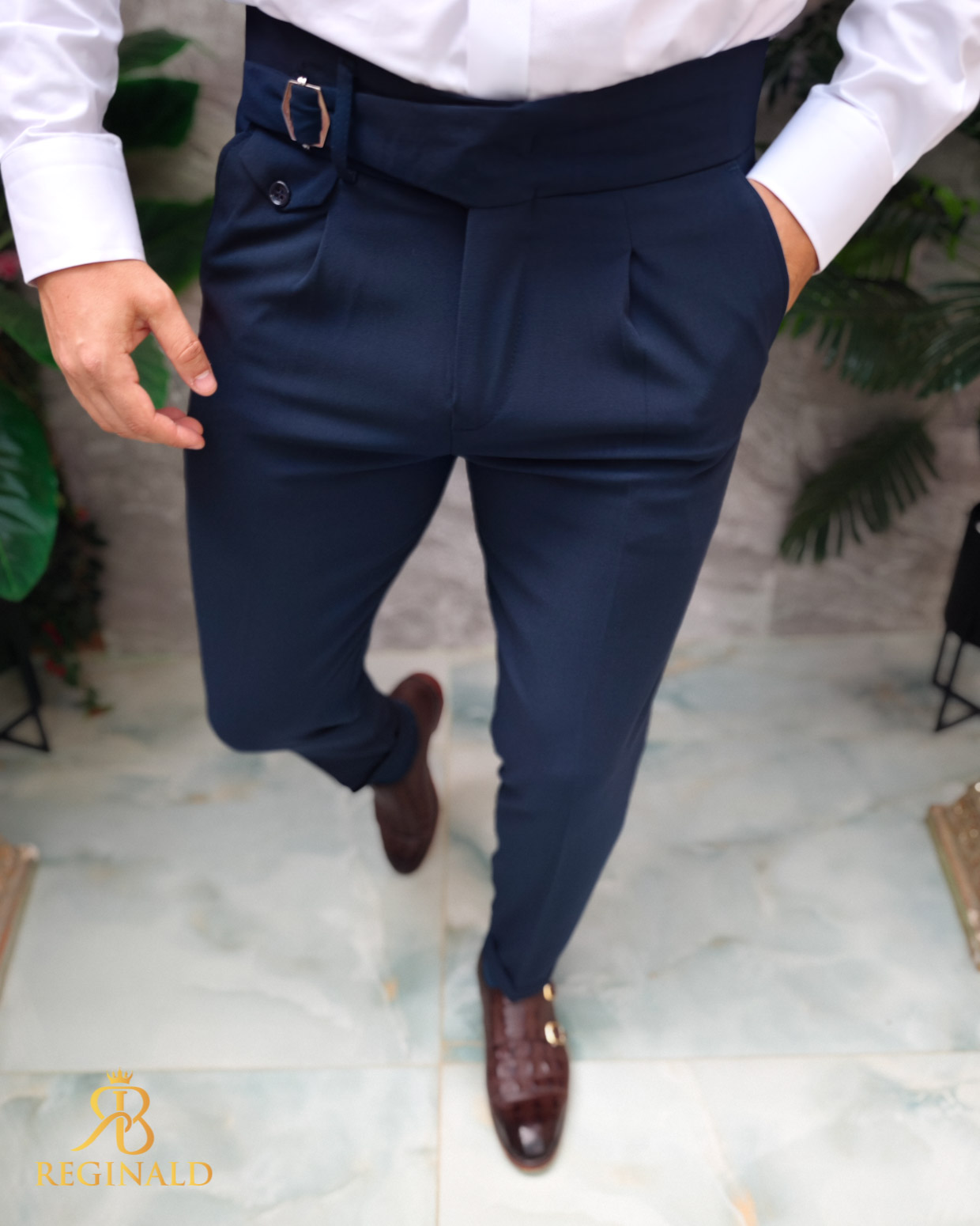 Pantaloni eleganti, bleumarin cu bretea ajustabila, Slim-Fit- PN831
