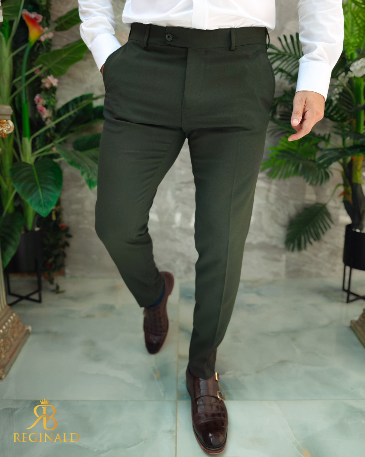 Pantaloni eleganti, verde, Slim-Fit, croiala conica- PN832