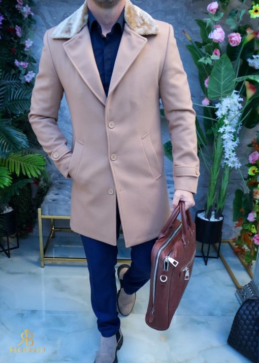 Palton de bărbați, Slim Fit, Bej cu guler detașabil de blana - PT447 - imagine 4