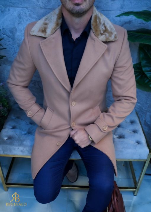 Palton de bărbați, Slim Fit, Bej cu guler detașabil de blana - PT447 - imagine 5