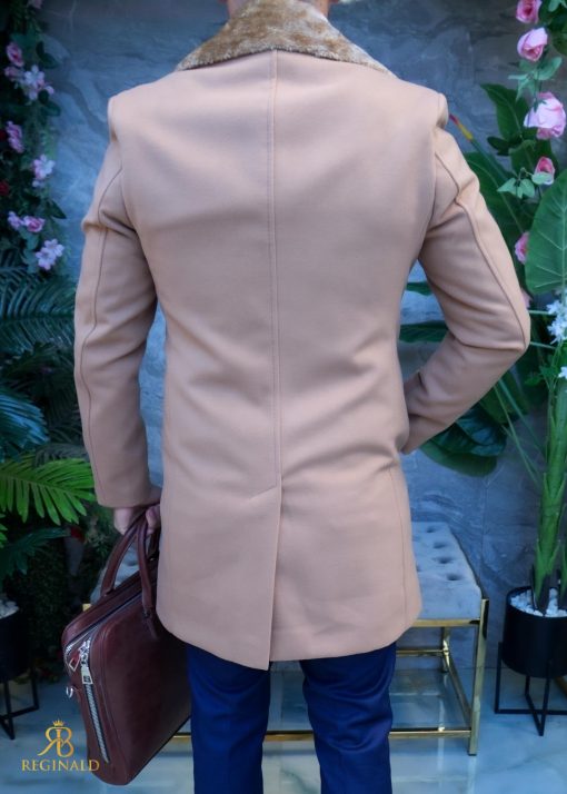 Palton de bărbați, Slim Fit, Bej cu guler detașabil de blana - PT447 - imagine 6