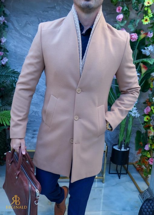 Palton de bărbați, Slim Fit, Bej, Guler textil detașabil - PT442 - imagine 3