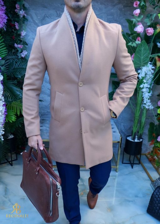 Palton de bărbați, Slim Fit, Bej, Guler textil detașabil - PT442 - imagine 2