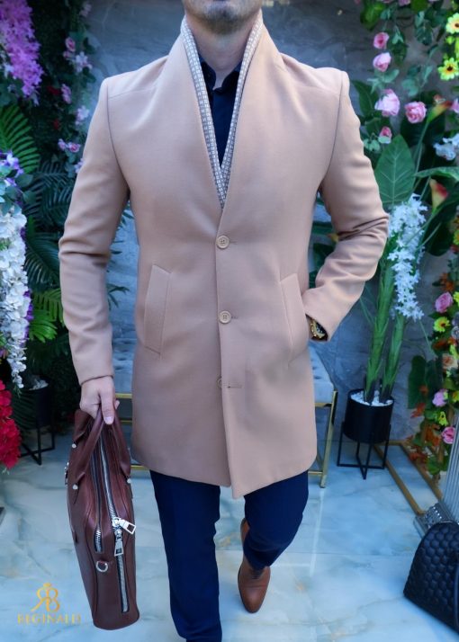 Palton de bărbați, Slim Fit, Bej, Guler textil detașabil - PT442
