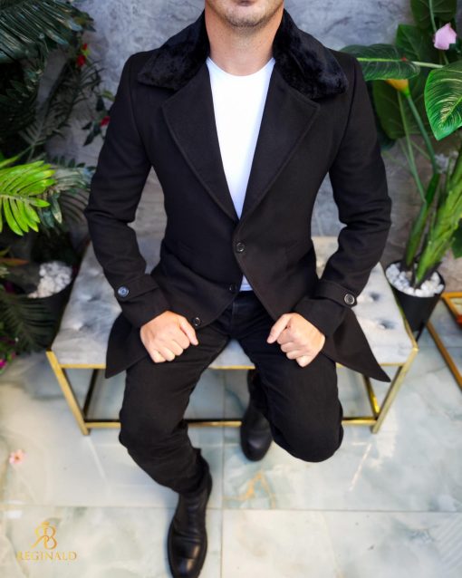 Palton de bărbați, Slim Fit, Negru cu guler detașabil de blana - PT448