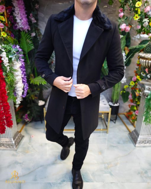 Palton de bărbați, Slim Fit, Negru cu guler detașabil de blana - PT448 - imagine 2