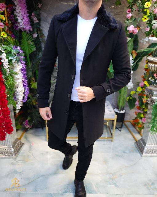 Palton de bărbați, Slim Fit, Negru cu guler detașabil de blana - PT448 - imagine 4