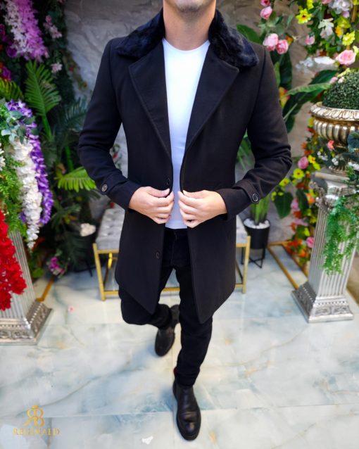 Palton de bărbați, Slim Fit, Negru cu guler detașabil de blana - PT448 - imagine 6