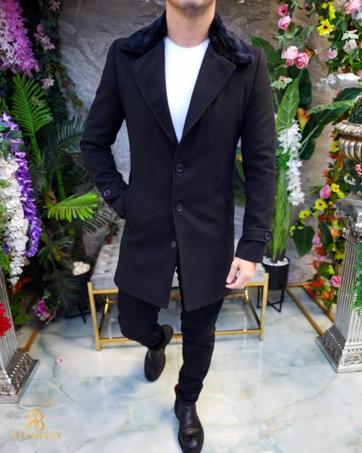 Palton de bărbați, Slim Fit, Negru cu guler detașabil de blana - PT448 - imagine 3