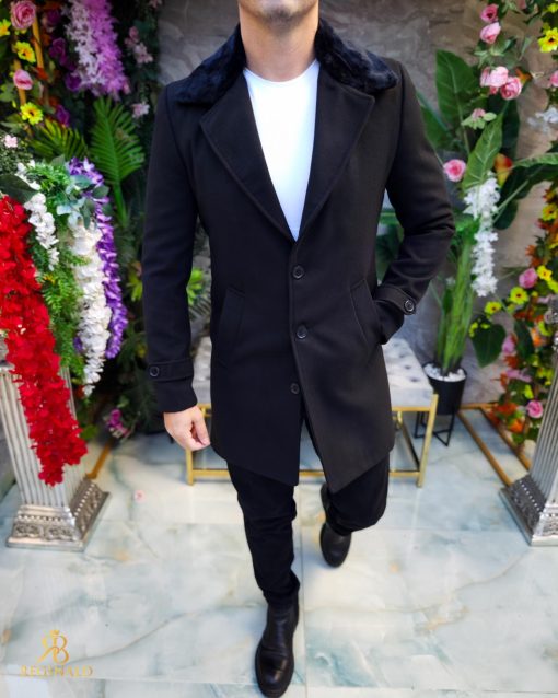 Palton de bărbați, Slim Fit, Negru cu guler detașabil de blana - PT448 - imagine 5