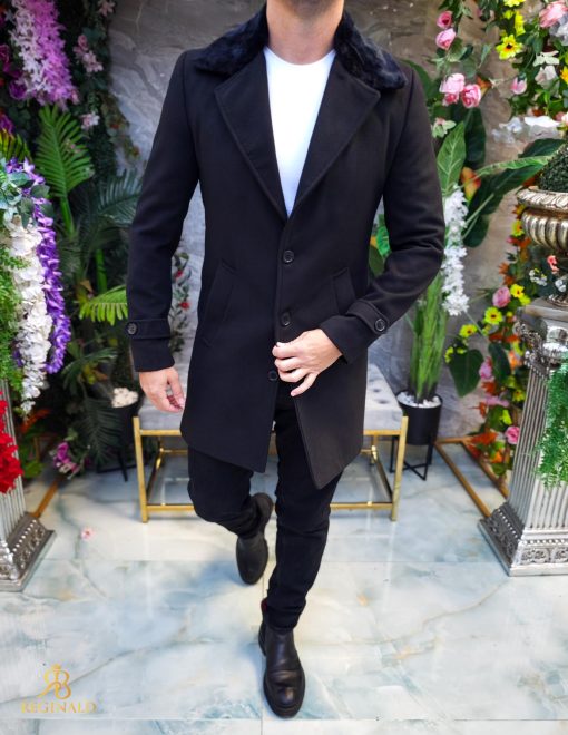 Palton de bărbați, Slim Fit, Negru cu guler detașabil de blana - PT448 - imagine 7