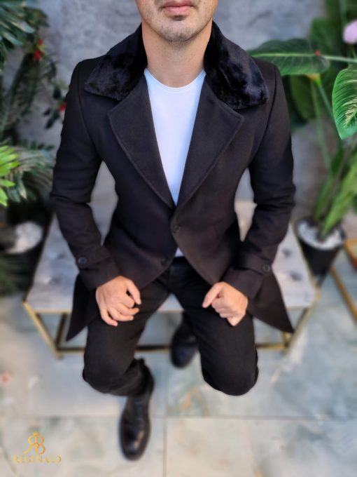 Palton de bărbați, Slim Fit, Negru cu guler detașabil de blana - PT448 - imagine 8