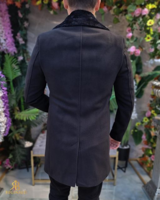 Palton de bărbați, Slim Fit, Negru cu guler detașabil de blana - PT448 - imagine 9