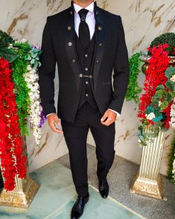Costum Negru ceremonie, Slim-Fit: Sacou, Vesta, Pantalon, Cravata - C5202