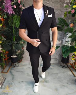 Costum de bărbați, Negru cu maneca scurta: Sacou si Pantalon - C5186
